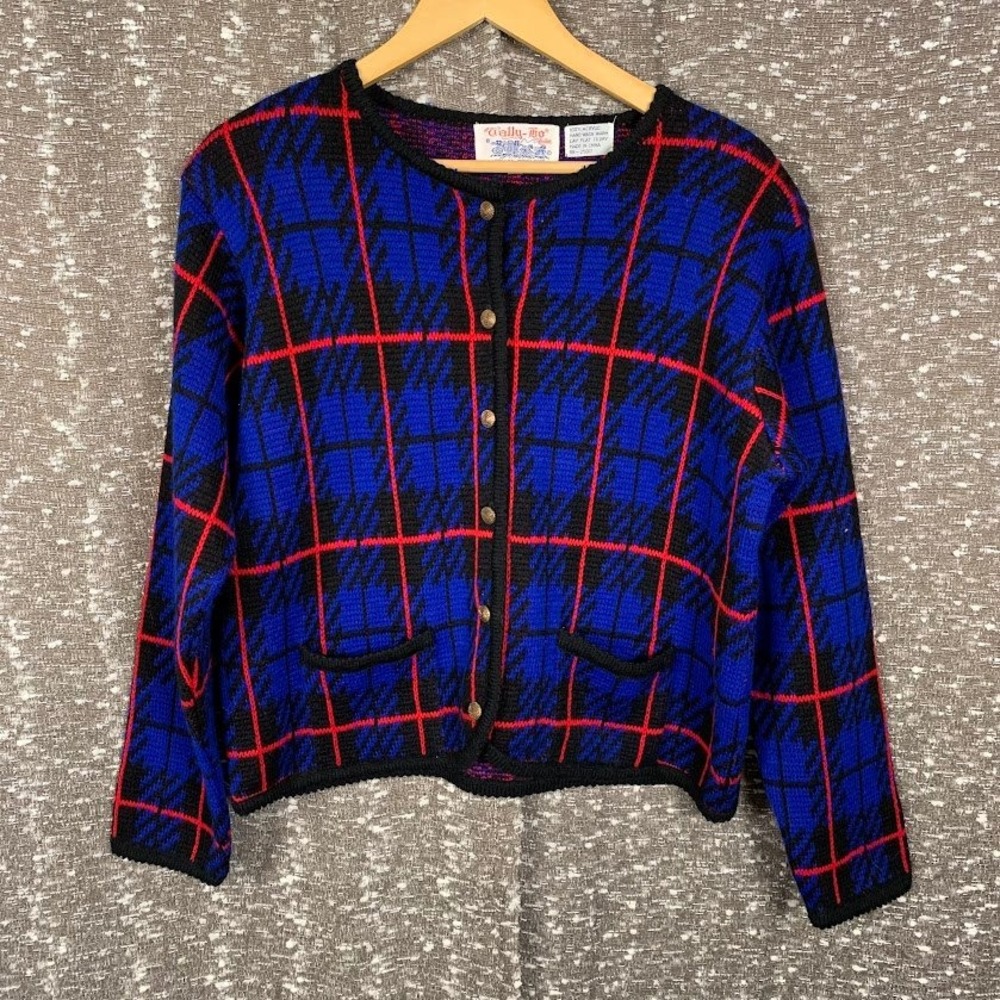Vintage Tally-Ho Plaid Button Front Knit Cardigan Sweater Preppy Women's Large